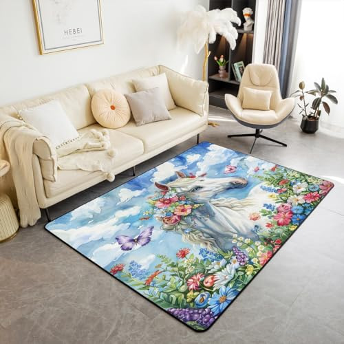 Feelyou Pferde-Teppich für Mädchen, 7,6 x 12,7 cm, für Wohnzimmer, Kinder | Teppiche für Wohnzimmer, Schlafzimmer, Teenager, Pferde, Wildtierdekoration, dekorativer Teppich, Bauernhaus, Bodenmatte