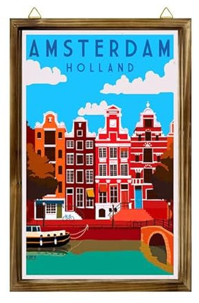 FarmhouseGerahmtes Holzschild Amsterdam, Niederlande, Niederlande, Europa, Reise-Kunstdruck, Werbung, Wandbehang, Holz-Bilderrahmen, Heimdekoration, 30 x 25 cm