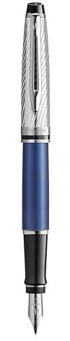 WATERMAN Expert Deluxe Stylo plume, Laque métallique Bleu, capuchon métal, Plume moyenne, encre bleue, Coffret cadeau