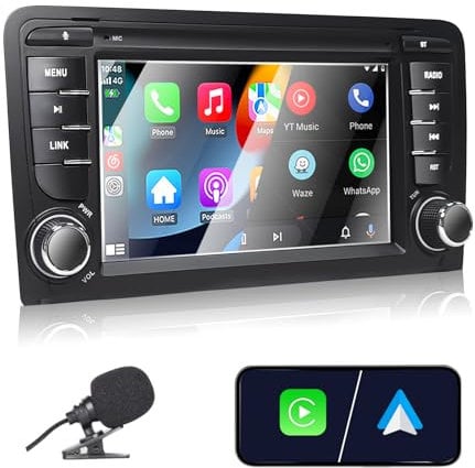Radio de Coche para Audi A3 2003-2012, S3 2006-2012, RS3 2011-2012 Compatible con Carplay Android Auto, Pantalla táctil de 7 Pulgadas con Radio Bluetooth/FM/Am/USB/DPS/RDS-Energía Alta