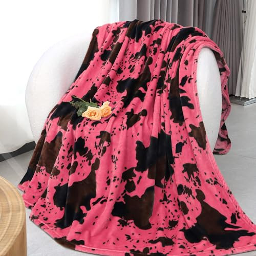 Decke mit Kuh-Druck, niedlich, weich, gemütlich, Überwurf, Decken und Überwürfe, rosa Erdbeere, Fleece, Kuh, Bettwäsche, Raumdekoration, Geschenke für Kinder, Mädchen, Teenager, Frauen