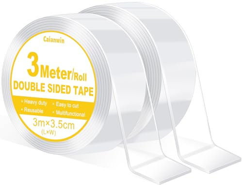Caianwin Extra breites 3.5cm Doppelseitiges Klebeband, Extra Stark Double Sided Tape Transparent Nano Tape Ablösbar Doppelseitig Klebeband für Teppich,Zuhause,Auto oder Outdoor(6M/2 Rollen)