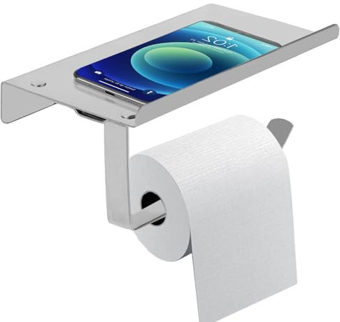 Self Adhesive Toilet Roll Holder Wall Mounted, 2 in 1 Stainless Steel Toilet Paper Holder with Phone Shelf, Non Drill Strong Stickness Chrome Toilet Roll Holder for Kitchen & Bathroom
