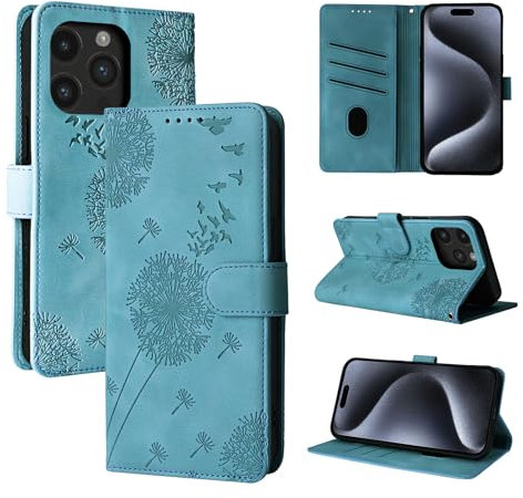 Rostsant Handyhülle für iPhone 15 Pro 6.1 Zoll Löwenzahn PU Leder iPhone 15 Pro 6.1 Flip Case Brieftasche Tasche Hülle Magnetisch Handyhülle für iPhone 15 Pro 6.1 Zoll Blau