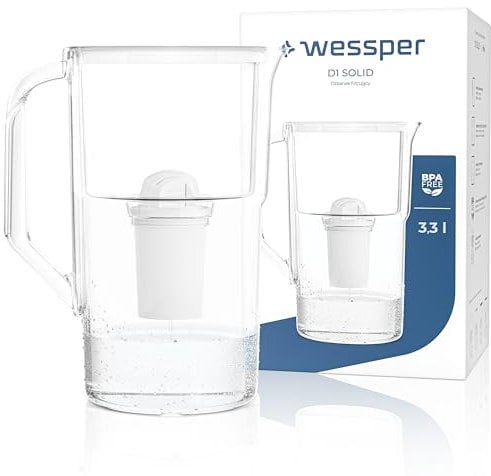 Wessper Wasserfilter Kanne 2,8 Liter, Wasser Karaffe mit LED-Zählwerk, Karaffe mit Classic Filter, Aktivkohle Wasserfilter, Kompatibel mit Brita Filter Classic - Weiß