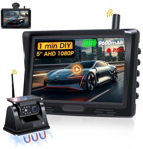 1080P Magnetische Rückfahrkamera Kabellos Solar mit 9600 mAh Akku, Funk Rückfahrkamera Kabellos mit 5 Zoll Monitor Kein Bohren Wiederaufladbar Rückfahrkamera Wohnmobil für LKW Auto Wohnwagen DVR
