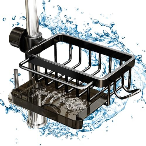 WIYETY Organizador multifunción negro para fregadero: organizador para fregadero de cocina de aluminio espacial con bandeja de drenaje autodrenante, organizador para fregadero de cocina y baño