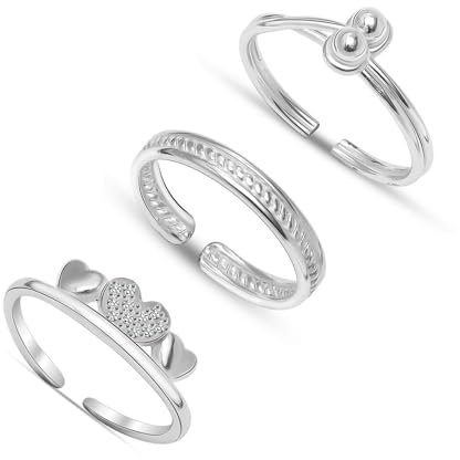 LeCalla Satz von 3 Pcs 925 Sterling Silber Zehenring für Frauen | Minimalistische CZ Herz Krone Zehenring | Offene verstellbare Band Ringe Schmuck-Set