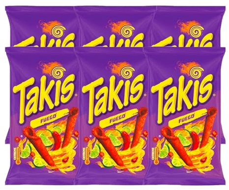 Takis Fuego Extreme Hot Maischips mit Chili- und Limettengeschmack 100g | Knusprige, frittierte gerollte Snacks | Pikant und würzig | (6er Pack, Fuego)