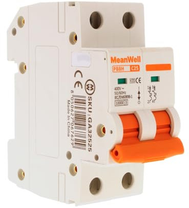 MeanWell Interruttore Magnetotermico Curva C 10000A, MCB 2P C25 25A 220V, 2 Poli Occupa 2 Moduli Barra DIN