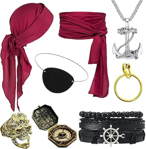 8 Stück Piratenkostüm Zubehör Damen Herren, Mittelalter Piraten Kostüm Piraten Kopftuch Pirat Augenklappe Anker Halskette Armband Goldene Ohrringe Totenkopfring für Karneval Halloween Cosplay
