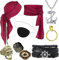 8 Stück Piratenkostüm Zubehör Damen Herren, Mittelalter Piraten Kostüm Piraten Kopftuch Pirat Augenklappe Anker Halskette Armband Goldene Ohrringe Totenkopfring für Karneval Halloween Cosplay