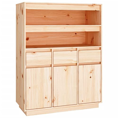 Hommdiy Highboard Wohnzimmer Vitrine, Aufbewahrungsschrank Natur 89x40x116,5 cm Massivholz Kiefer