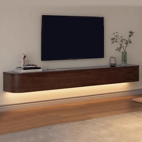 SZKTHD Meuble TV flottant pour salon - Meuble TV mural en bois d'hévéa - Grand meuble de rangement sous la console multimédia TV (marron (avec lumière), 200 cm