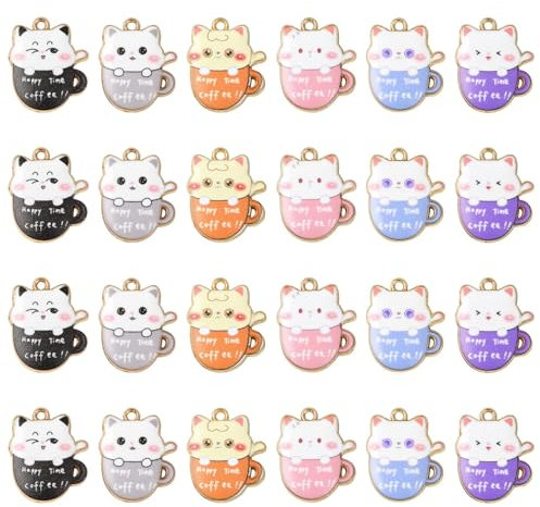 KitBeads 30Pcs 6 Colours Cat Tea Cup Charms Cute Kitten Coffee Cup Charms Enamel Pet Cat Charms for Jewellery Making Earrings Necklaces Crafts