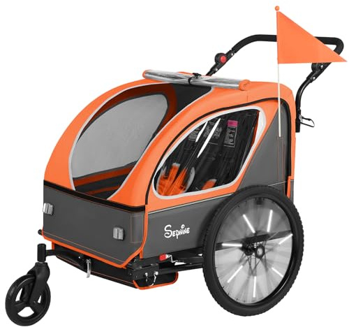 Sepnine Kids Bike Trailer, 2 in1 Canopy Carrier Converts to Pushcart Suitable for 1 to 2 Toddlers, Kids, Quick Attach to Bike, Foldable, with 5-Point Harness and Storage Bags