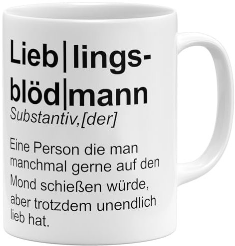 OM3® witzige Kaffee-Tasse mit Spruch - du bist mein Lieblings-Blödmann Definition - Geschenk für Männer - Freund II | Keramik Becher | 325ml | Beidseitig Bedruckt | Weiss