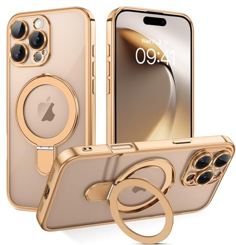 BENTOBEN Funda Magnética para iPhone 16 Pro Compatible con MagSafe Carga Inalámbrica con Anillo Soporte Invisible Carcasa Protectora Completa de Cámara Translúcido Enchapado Mate -Oro