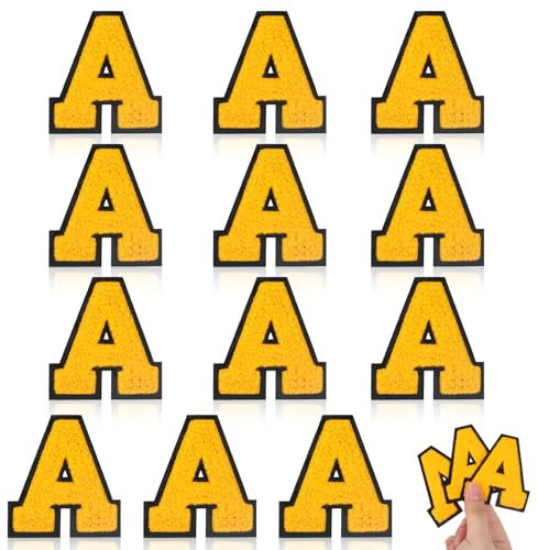 MWOOT 12PCS Iron on Letter A Patches, Embroidered Applique DIY Alphabet Patches for Clothes, Skirts, Hats, Bags, Jeans (Yellow)