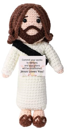 TOYMIS Positiver Jesus, 17x6cm Gehäkeltes Jesus Spielzeug mit Motivationskarte Emotionale Positive Puppe Religiöses Häkelgeschenk zum Geburtstag Zuhause Bürodekor