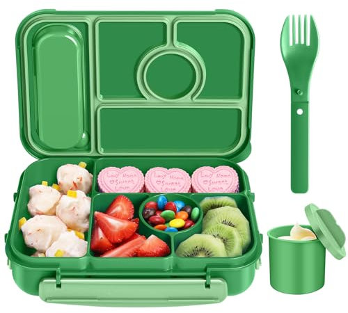 Amathley Brotdose Kinder mit Fächern,Bento Box Kinder,Brotdose Erwachsene,1300ML Lunchbox mit 5 Fächern und Saucenbehältern,Mikrowellen-und Spülmaschinenfest,BPA-Frei (Smaragdgrünn)