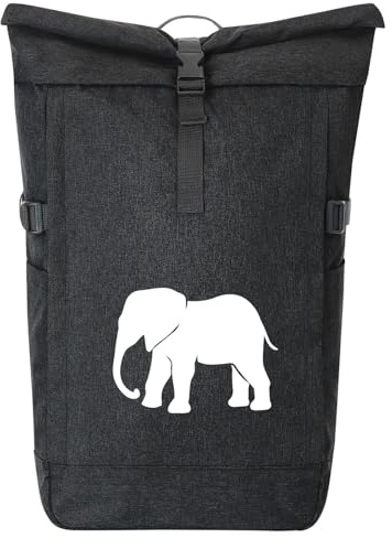 Huuraa Kurierrucksack Elefant Silhouette Geschenk | 30-44 Liter Backpack Black Melange Fairtrade Rolltop Rucksack Geschenkidee Schwarzer Laptop-Rucksack passend für 17-Zoll