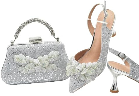 Damen Schuhe und Taschen Set für Hochzeit - Spitze Zehen High Heel Pumps mit Strass Elegant Party Matching Set