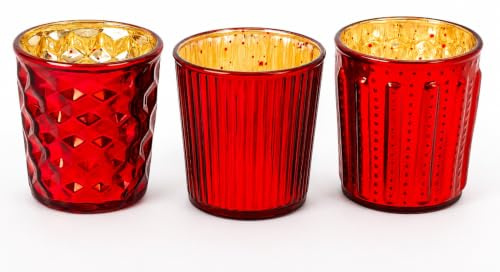 Windlichter Teelichtgläser Rot 3er-Set – Vintage Glas für Teelichter – Tischdeko Weihnachten – 8 cm hoch (rot)