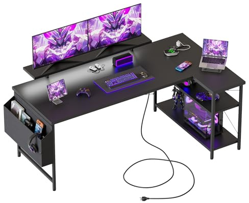 Mericonia Corner Desk, w. Monitorstand & Built-in Socket, 140x70cm, Black | Reversible L-shaped desk w. Bag, Height-adjustable Shelf, with Power Outlets & Led, Gaming computer desk for home & office