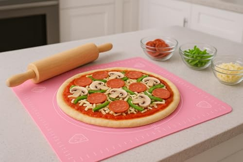 Pastry Mat Silicone Baking Mat - Dough Rolling Mat Non-Stick for Chapati, Bread, Cake, Roti, Piza - Baking Sheet with Size Measurements(15 and 18) - Non Slip Counter Mat Kitchen Gadget (Pink)