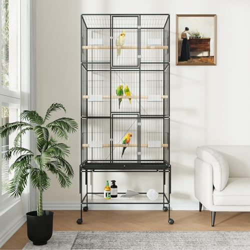 Vogelkäfig groß, 81x47x175cm Vogelvoliere mit 360° Rollen, Sitzstangen, Futternapf und Schmutzwanneneinsatz, Metall Voliere Indoor Outdoor, Zuchtkäfig für Papageien Wellensittich Nymphensittich