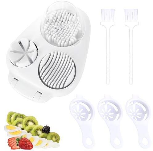 Vaskula Eierschneider 3 in 1 Eierschneider Edelstahl mit 3 Eiertrenner und 2 Reinigungsbürste Mehrzweck Eierstecher Küchenhilfe Spülmaschinenfest für Eier Erdbeeren Weiches Obst (Weiß）