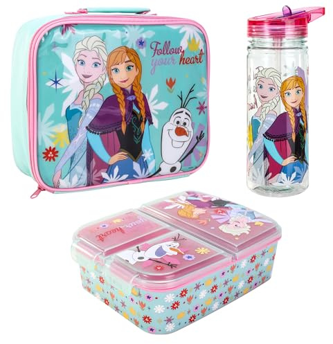 Disney Frozen Kids Childrens Lunch Box Set – Insulated Lunch Bag, Multicompartment Lunch Box & 580ml Water Bottle - School Travel Lunch Food Set, BPA Free