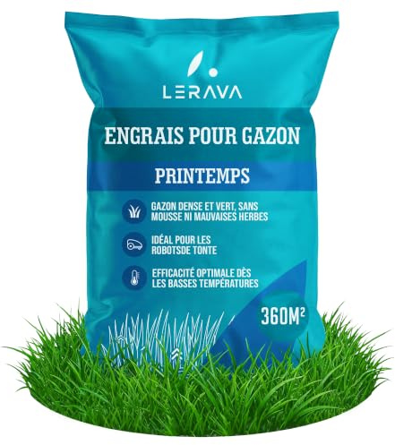 LERAVA Engrais gazon printemps (360m²) - Engrais pelouse libération d’azote 3 mois - Fertilisant gazon avec Bacillus subtilis - Stimule la croissance et renforce la résistance des graminées - 9kg
