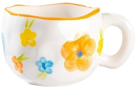 300ML Korean Style Hand Pinched Irregular Ceramic Mug Hand-Painted Flower Heart Coffee Cup Breakfast Milk Afternoon Tea Cup Gift(Yellow Campanula)