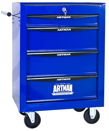 ELIHGTBY Servante d’Atelier à 4 tiroirs sur roulettes, Chariot d’Atelier Mobile Vide, Armoire à Outils à Verrouillage centralisé pour Atelier et Garage,Bleu & Noir