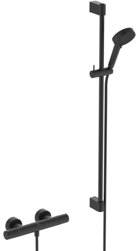 Ideal Standard Ceratherm T25 N Duscharmatur Paket, Wassersparende Eco Brause mit variablen Strahlarten, inklusive Brausethermostat mit Verbrühschutz und Duschstange (900 mm) – Schwarz Matt