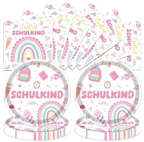 YOMOVER Einschulung Pappgeschirr, 48 Stück Schulanfang Pappteller Servietten Schulkind Mädchen Deko, Schön Dass Du Da Bist Pappteller Papierservietten Tischdeko