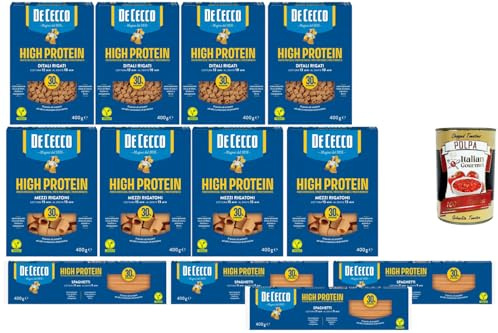 Italian Gourmet Bundle 12x High Protein Pasta 400 g + Italian Gourmet Polpa, Ditali Rigati + Mezzi Rigatoni + Spaghetti, proteinreiche Pasta, 30% Protein, vegan, Vorratspack 4,8 kg