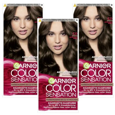 Garnier Color Sensation Permanente Haarfarbe - 5.0 Natürliches Braun - 100% Grauabdeckung - 10 Wochen Farbergebnis - Geschmeidigeres Haar voller Glanz
