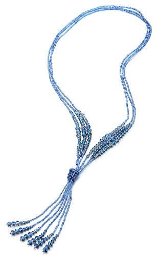 COOLSTEELANDBEYOND Bohe Chic Lariat Halskette Statement Franse Quaste Anhänger Pastell Blau Kristall Perlen Drei Stränge Lange Kette Y-Form
