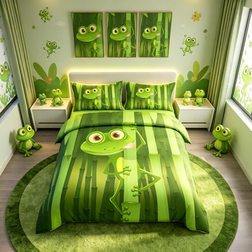 Loussiesd Frog Duvet Cover Cartoon Bamboo Frog Print Bedding Set for Kids Boys Girls Cute Animal Pattern Comforter Cover Nature Theme Bedspread Cover Bedroom Collection 3Pcs King Size