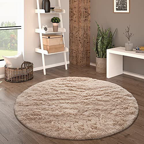Paco Home Hochflor Teppich Wohnzimmer rutschfest Fellteppich Shaggy Flauschig Weich Modern Kunstfell Fell Imitat Einfarbig, Grösse:120 cm Rund, Farbe:Beige