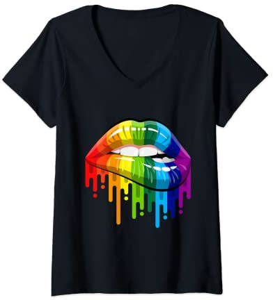 Femme 80's Sexy Colorful Graphic Lips, Women Printed Design Lips T-Shirt avec Col en V