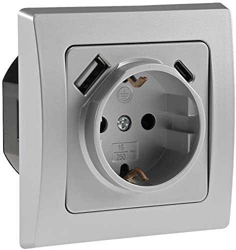 DELPHI Steckdose mit USB C - Unterputz 250V / 16A UP-Steckdose Klemmanschluss Schutzkontakt-Steckdose mit erhöhtem Berührungsschutz Grau Silber