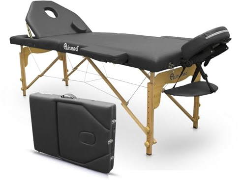 QUIRUMED Elite Klappmassageliege aus Holz, Farbe Schwarz, 194 x 70 cm, Massagebett, Kunstleder, klappbare Rückenlehne, höhenverstellbar, Abnehmbarer Kopf, Gesichtsloch, 2 Abschnitte, bis zu 150 kg