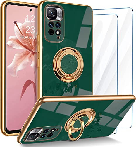 ATISIJIE Funda para Xiaomi Redmi Note 11 4G / Redmi Note 11S 4G Carcasa con 2 Protectores de Pantalla,Silicona Ultrafino Anti-caída Niña,Soporte Giratorio 360°Soporte Magnético Para Coche Verde oscuro