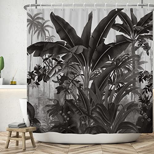 ASDCXZ Duschvorhang Dschungel 180x180 cm, Schwarz Handgemalt Tropical Pflanzen Blätter Waschbar Bad Duschvorhänge Polyester Textil Wasserdicht Duschvorhang für Badewanne mit 12 Duschvorhang Hake