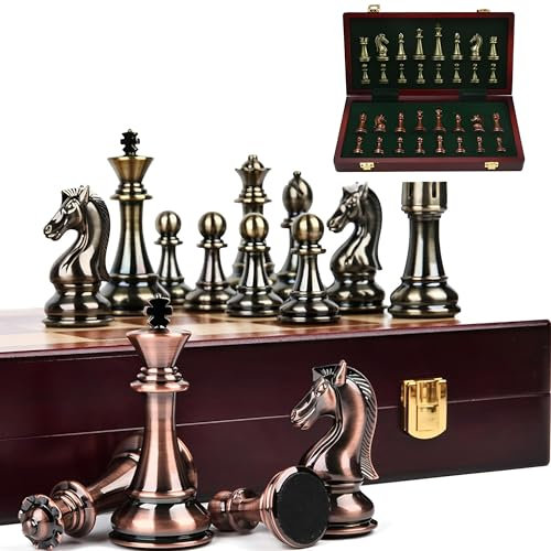 MZSX Chess Set Pure Metal (bronze), Upgraded Luxury Chess Set, Portable Folding Board, Educational Toys Strategy Games, Carefully Crafted Chesspiece Storage Slots, Kids Adult