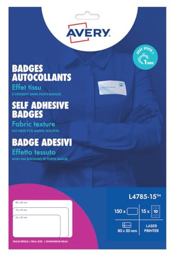 Avery Selbstklebendes Badge, Textil, 150 Stück, Seide, Acetat, Weiß, 80 x 50 mm, Laserdruck, selbstklebende Etiketten, personalisierbar, Kleidung Avery